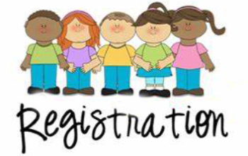 graphic that reads registration and features cartoon drawings of five children